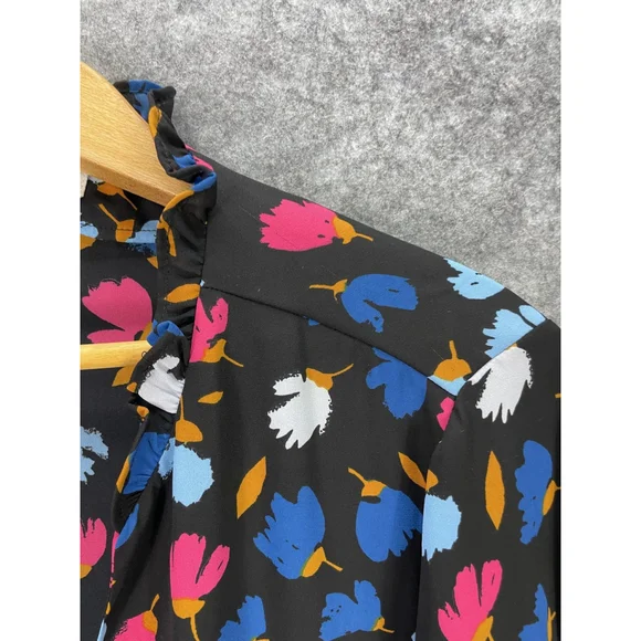 J Crew Blouse Womens Large Black Floral Mock Neck Ruffle Long Sleeve Top - Picture 3 of 10